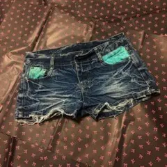 平成ギャル　00s ダークブルー フリンジ加工 ショートパンツ　Y2K