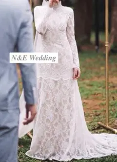 ウェディングドレス　ハイネック　マーメイド　レース　長袖　レトロ　総レース