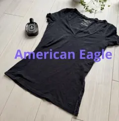 American Eagle ブラック Vネック Tシャツ パープル　細見え