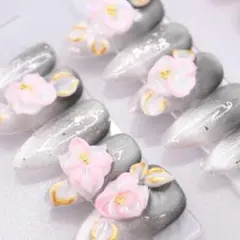 692 ネイルチップMサイズ 韓国 上品 立体フラワー グラデーション ラメ