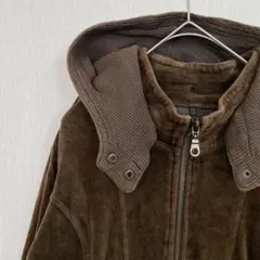 ベロア切替 フーデッド ロングジップアップパーカー ブラウン