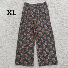 インド製 レーヨン100% ボタニカル柄 総柄 ワイドパンツ LL XLネイビー