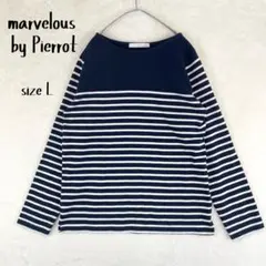 マーベラスバイピエロ パネルボーダーカットソー L 紺×白 ボートネックのサムネイル
