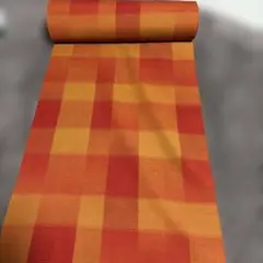 ウールアンサンブル　オレンジと黄色のチェック柄着物反物