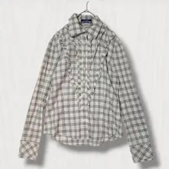 y4【BURBERRY 】長袖 シャツ チェック フリル ロゴ刺繍 36