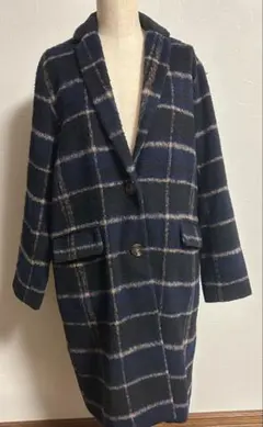 レトロガール ネイビー チェック柄 ロングコート