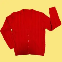 レトロ 赤 ケーブル編み ニットカーディガン Vネック ボタン付き