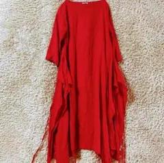 美品　fog linen work リトアニア製リネンワンピース　暖色系赤