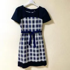 新品未使用Karl Park Lane 紺✖️ドッキングチェック柄半袖ワンピース9のサムネイル