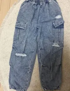 デニムブルー カーゴパンツ ダメージ加工