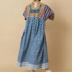 極美品＊郡言堂 コットンリネンチェックワンピース 半袖 綿麻 洗える