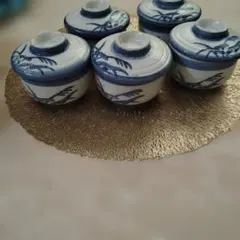 青い手描き模様の蓋つき煮物椀 ５個セット