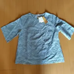 水色 刺繍 レース　五分袖ブラウス サイズ86-94