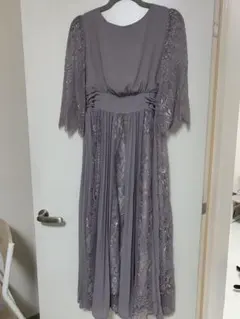 グレー レース袖付きロングドレス