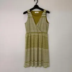 ILC ノースリーブ カシュクール ボーダーワンピース グリーンホワイトFREE