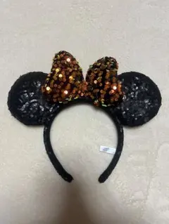 ミッキー耳カチューシャ 黒とオレンジのラメ