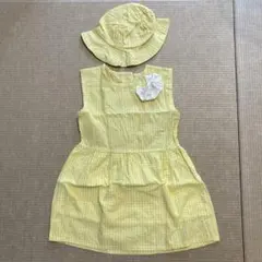 100cm イエロー ギンガムチェック柄 ワンピース 帽子セット　黄色　ドレス