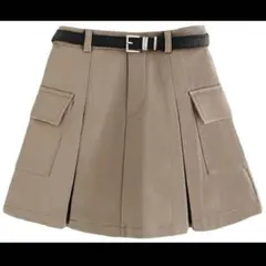 GRL ベルトインパン裏地付きプリーツカーゴミニスカート ベージュ