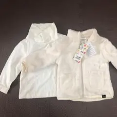 キッズ モコモコアウター フード無しパーカー 白トップス 長袖 2点セット