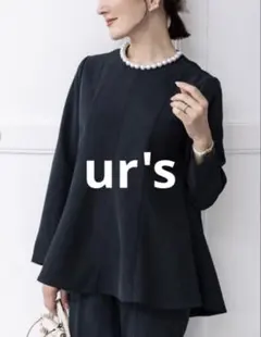 【新品タグ付き】ur's ユアーズ パール付きヘムライントップス ネイビー M