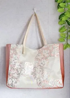 帯リメイク　トートバッグ　亀甲桜紋 シルバー　ピンク