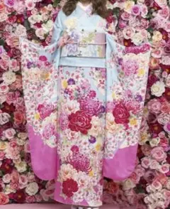 振袖 青とピンク 花柄 フルセット
