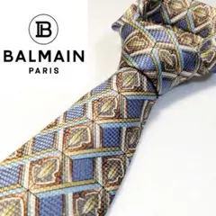 美品 BALMAIN ブランドネクタイ ブルー ゴールド シルク 幾何学模様のサムネイル