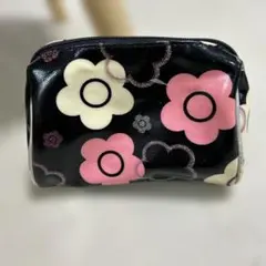 MARY QUANT 花柄　ラウンドポーチ　黒　ピンク　白