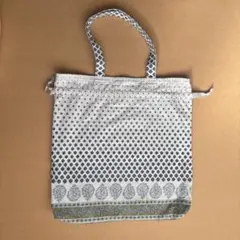幾何学模様 コットン 巾着トートバッグ