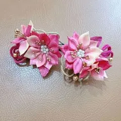 和装髪飾り 2点セット ピンクムラサキ花モチーフ 成人式