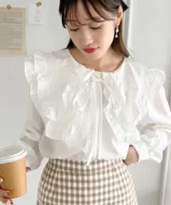 【美品】Loueme ダブルフリルカラーリボンブラウス　襟付き　ホワイト　フリー