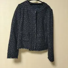 【SHIPS】 シップス　ツイードノーカラージャケット　ラメ　36 ネイビー