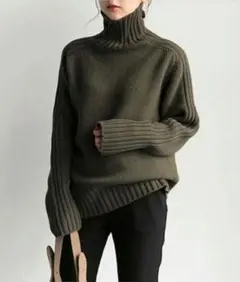 カーキ タートル ハイネック ニット セーター 切替リブ