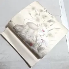 A◆着物くつろぎ 貝桶に花模様 刺繍 白地 太鼓 正絹 袋帯 504