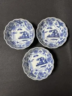 中国古玩　大清成化年　取皿　　山水人物図　染付青磁　五客セット 時代 内青磁山水文 染付膾皿 （江戸時代） – 逢季荘
