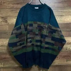 【オーバーサイズ】古着 ニットセーター 総柄 クルーネック L マルチカラー