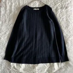 【ショコラフィネローブ】フリル付き　長袖ニットネイビー　F