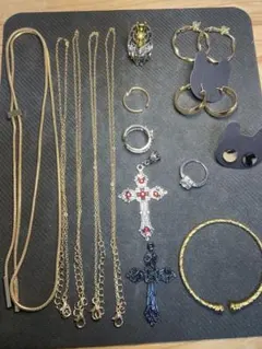 アクセサリークロスと猫デザイン　ネックレス　指輪　バングル　18kgp GGG