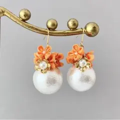no.850 金木犀パール×大粒コットンパールピアス　イヤリング　和風　オレンジ