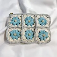 [72]グラニースクエア ブルー 花柄 春 ハンドメイド ミニポーチ