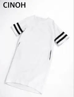 【美品】CINOH ストライプ袖 ホワイトTシャツ Tシャツワンピース　38のサムネイル