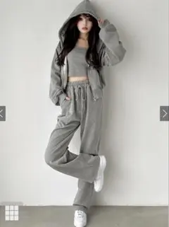 ジップパーカー×キャミ×ワイドパンツ裏起毛セットアップ[pm229] グレー