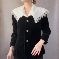 ヴィンテージ レトロ古着 ノーカラーベロアジャケット 黒 ベルベット