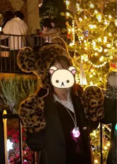 ヒョウ柄ミッキー型帽子とミトンセット