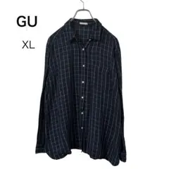 GU 格子柄シャツ ネイビー レーヨン混 長袖 ゆったりXL チェック柄