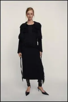 ZARA フリンジタイトミモレ丈黒ラメスカート XS