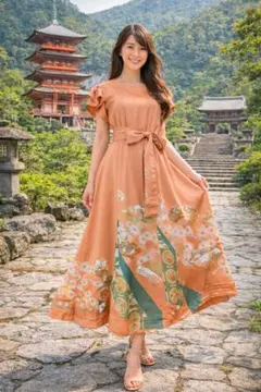 訪問着着物リメイクワンピース正絹ウエストリボン付き着丈125センチ身幅60センチ