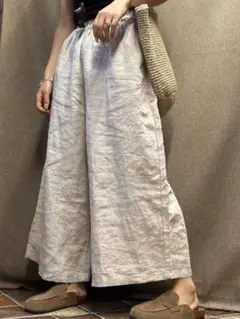 100%麻リネンワイドパンツ亜麻色