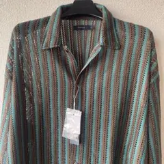 新品定価6600 レイジブルー　透かし編みストライプ 長袖シャツ