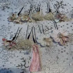 和装髪飾りセット 花とパール付き